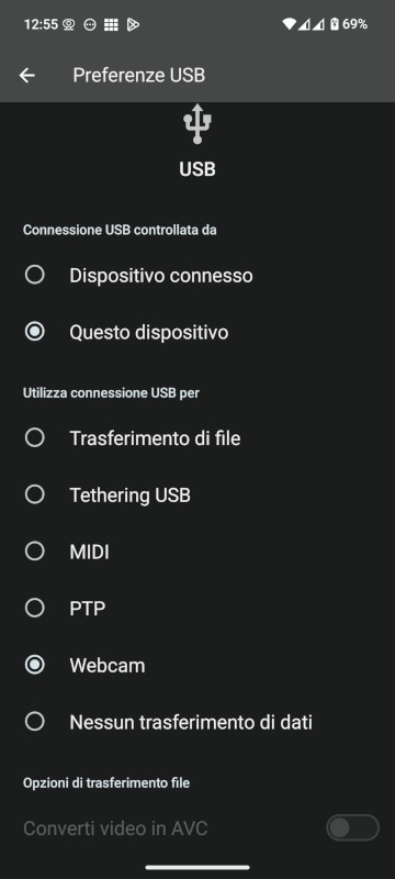 Preferenze USB Android